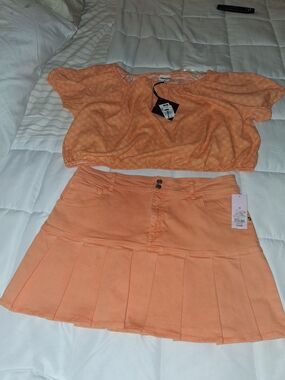 Wild Fable BrighOrange Pleated Mini Skirt With Matching Crop Top